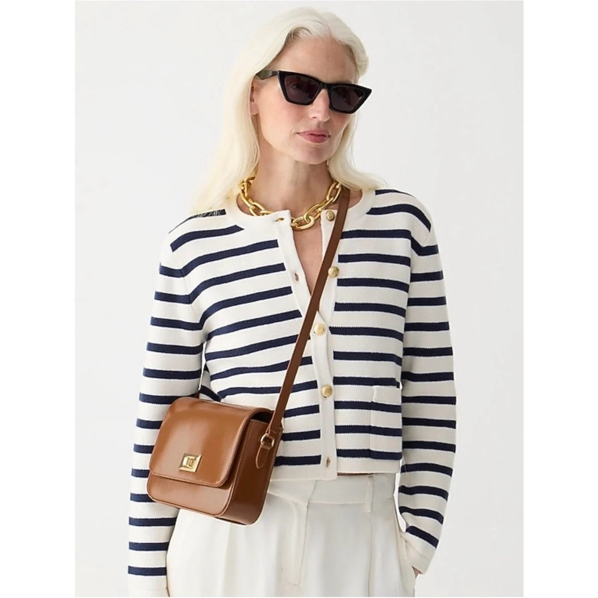 J. Crew Emilie Striped Long Sleeve Sweater Lady Jacket White Navy Blue 2X