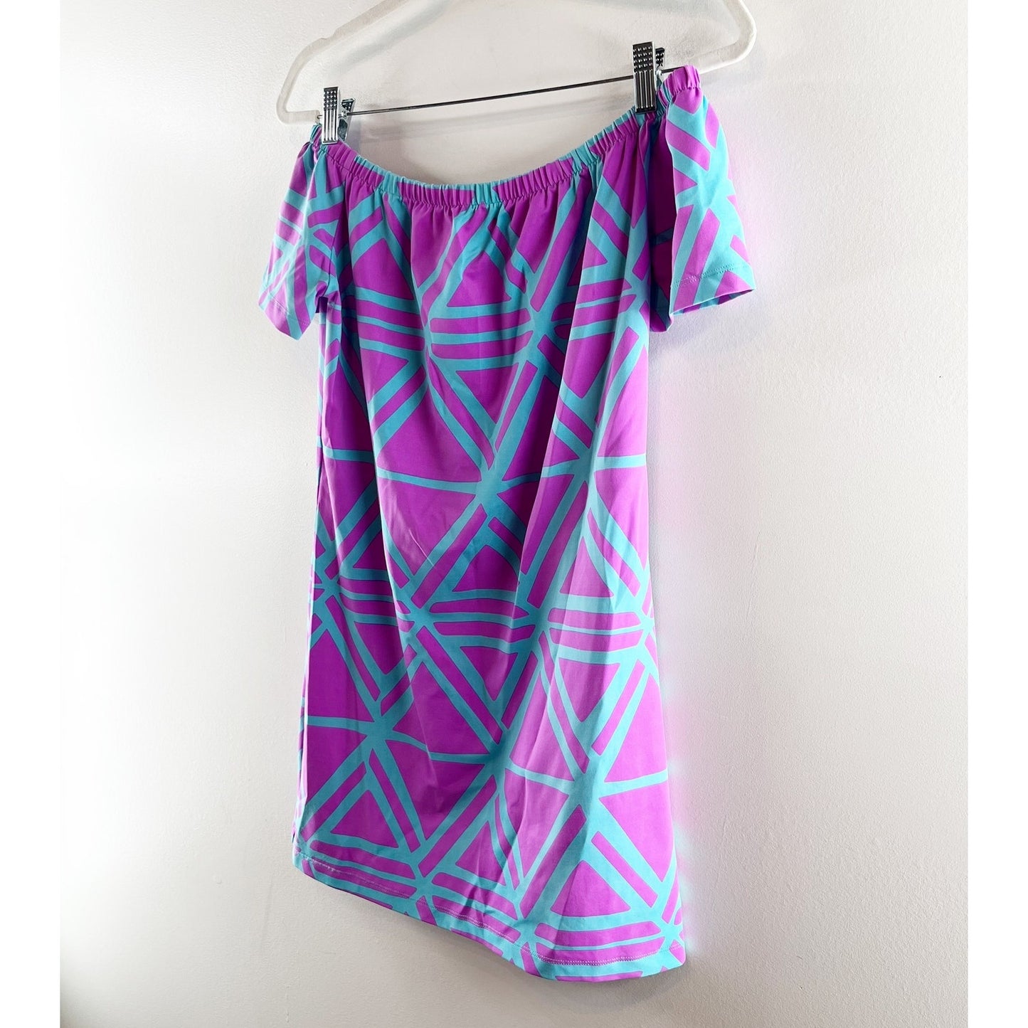 Mahi Gold Geometric Print Off-the-Shoulder A-Line Mini Dress Purple Pink XS