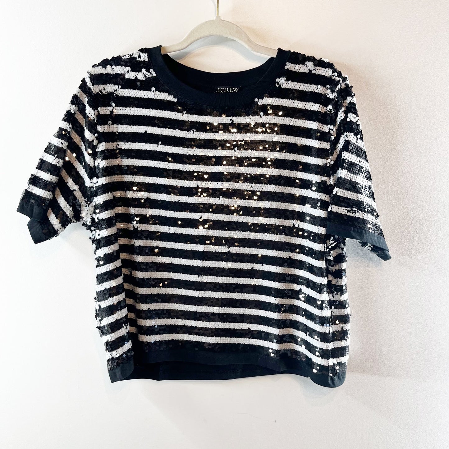J. Crew Sequin Stripe Boxy Short Sleeve T-Shirt Top  Black White XL