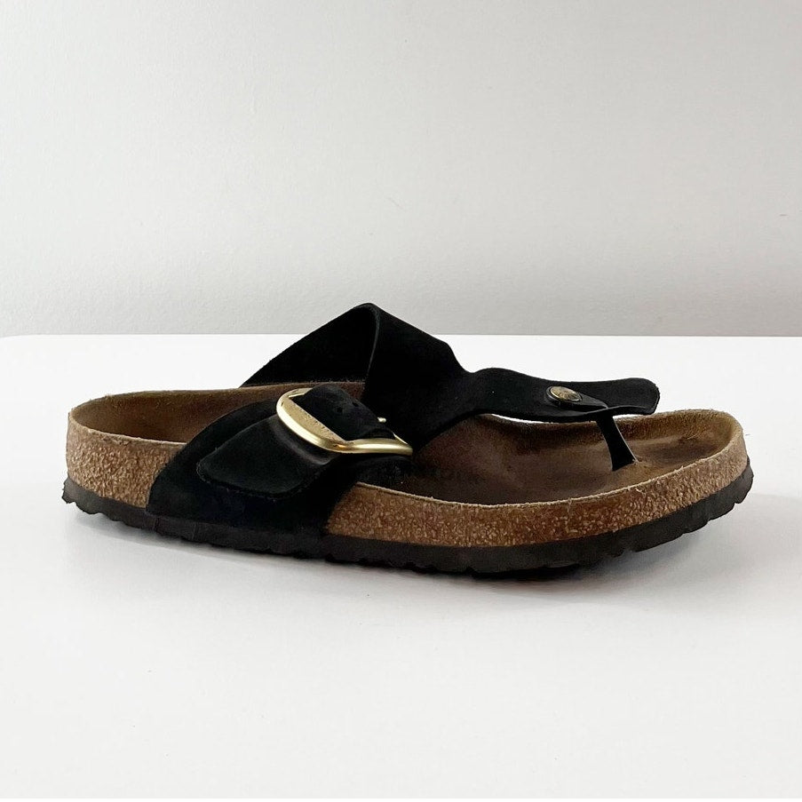 Birkenstock Gizeh Big Buckle Nubuck Leather Slip On Thong Sandals Black 42