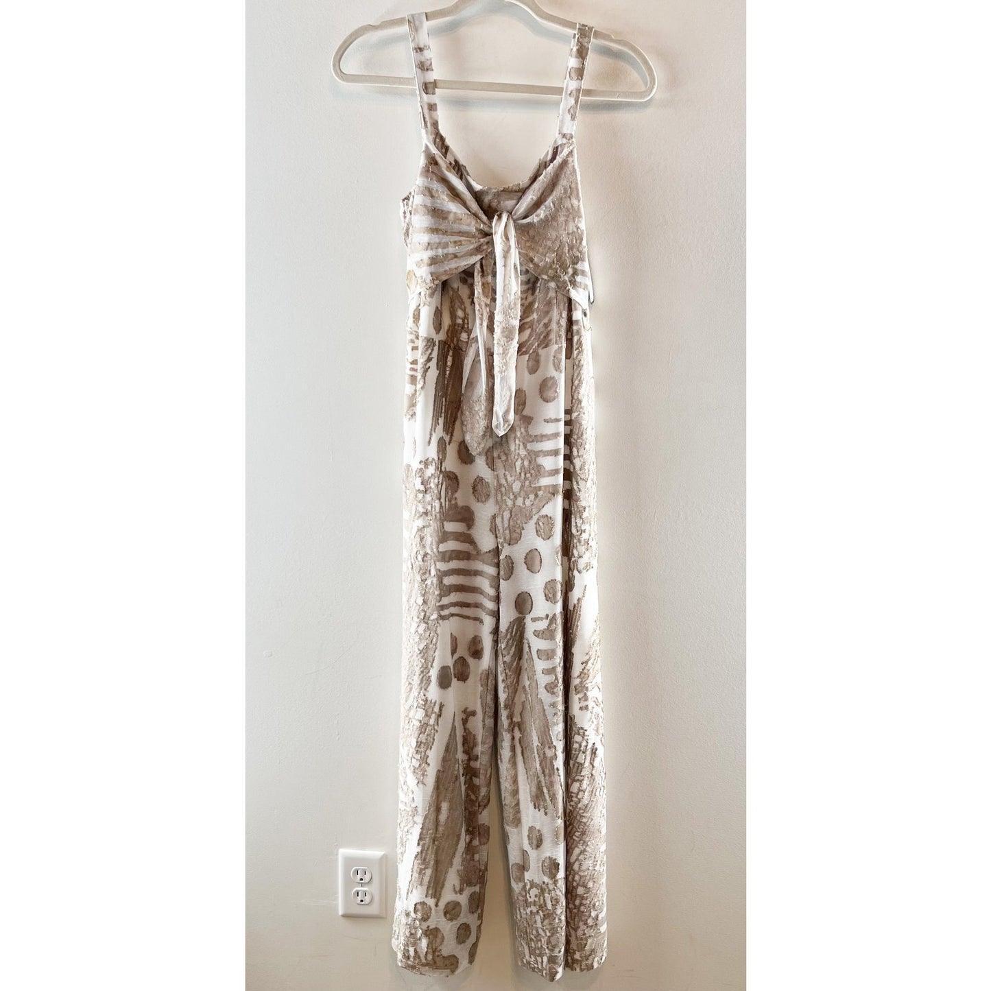 Piccadilly Sleeveless Tie Front Smocked One Piece Wide Leg Jumpsuit Taupe Medium