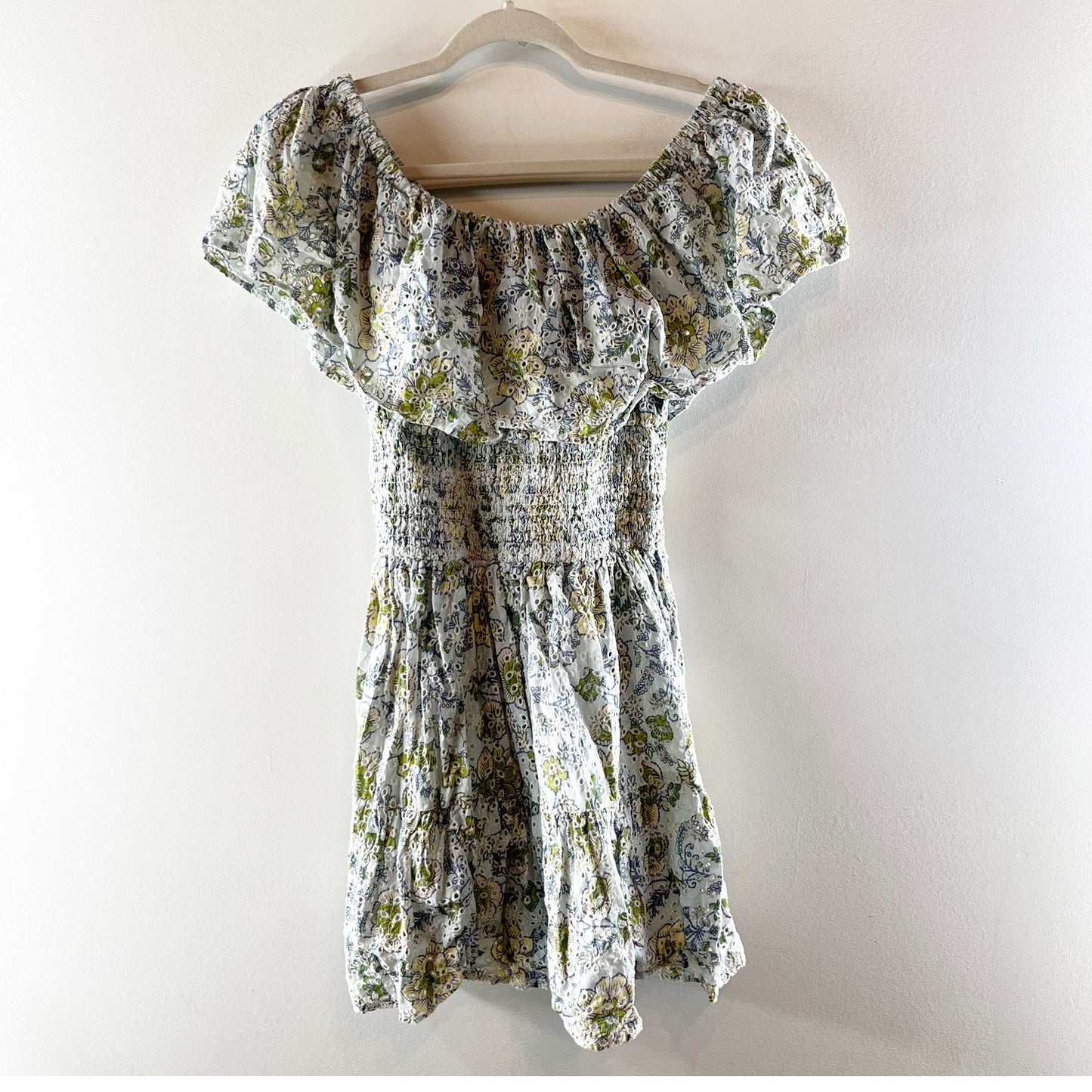 Elan Off The Shoulder Floral Ruffle Smocked Waist Mini Dress Green Medium