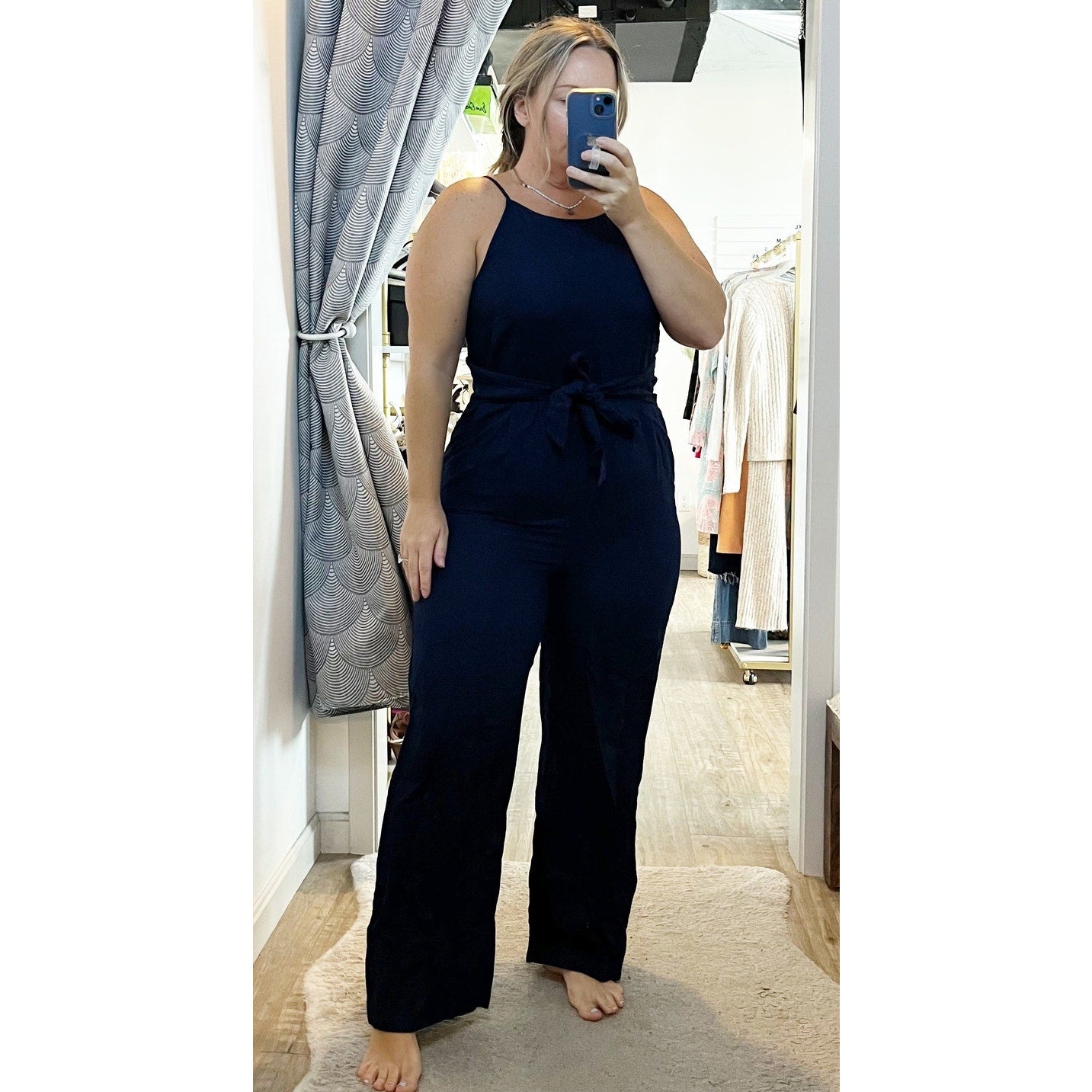 LOFT Square High Neck Tie Waist Linen Blend Wide Leg Jumpsuit Navy Blue 6