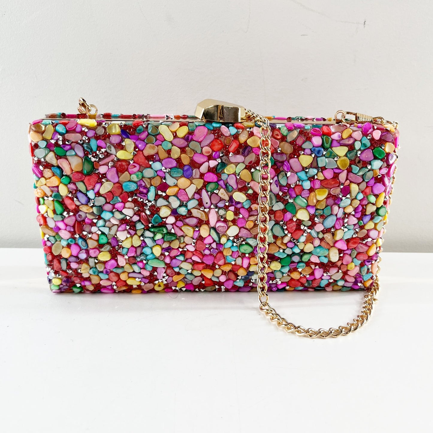 Nina Rock Candy Beaded Minaudiere Clutch Bag Crossbody Purse Pink Gold