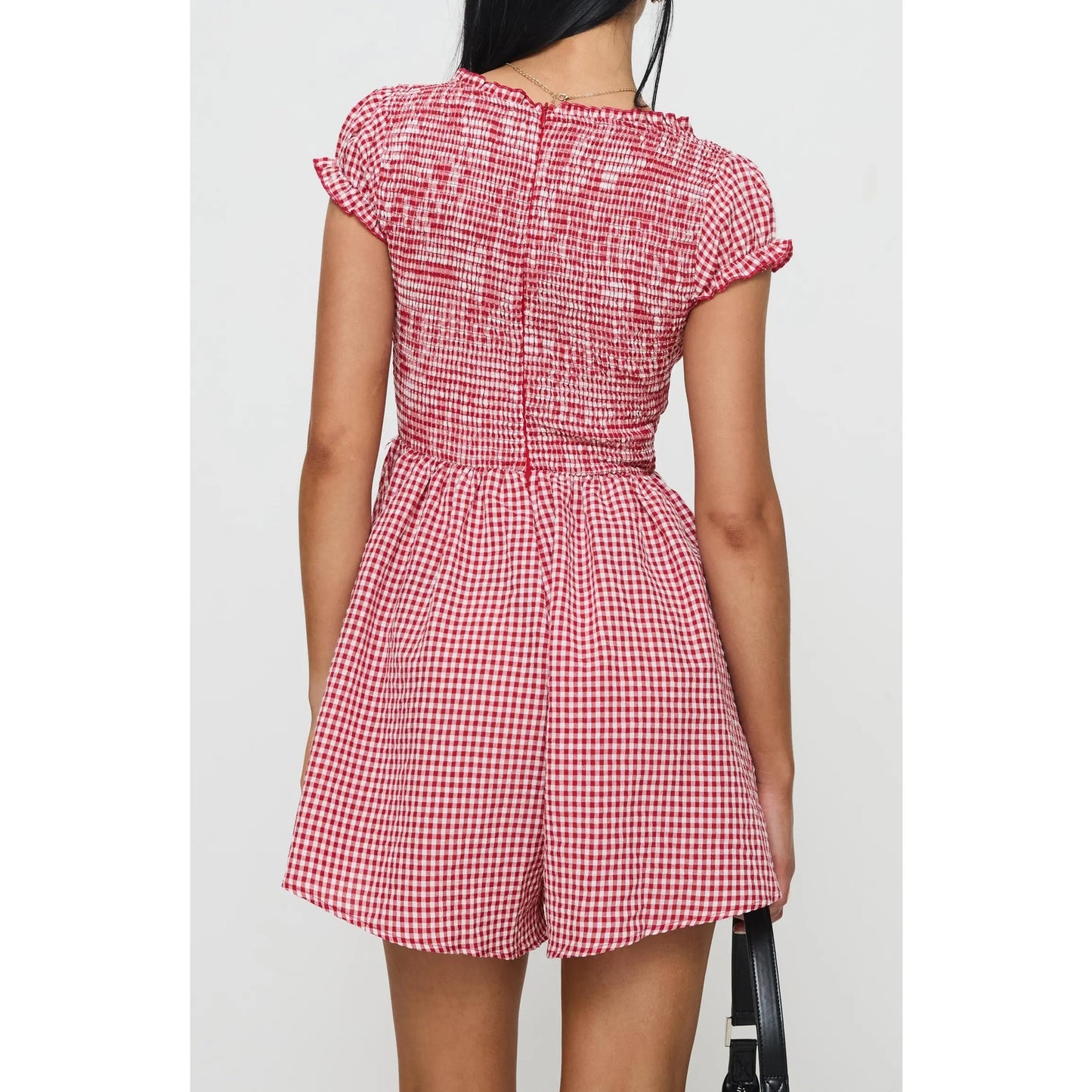 Princess Polly Wescott Short Puff Sleeve Gingham Romper Red White 6