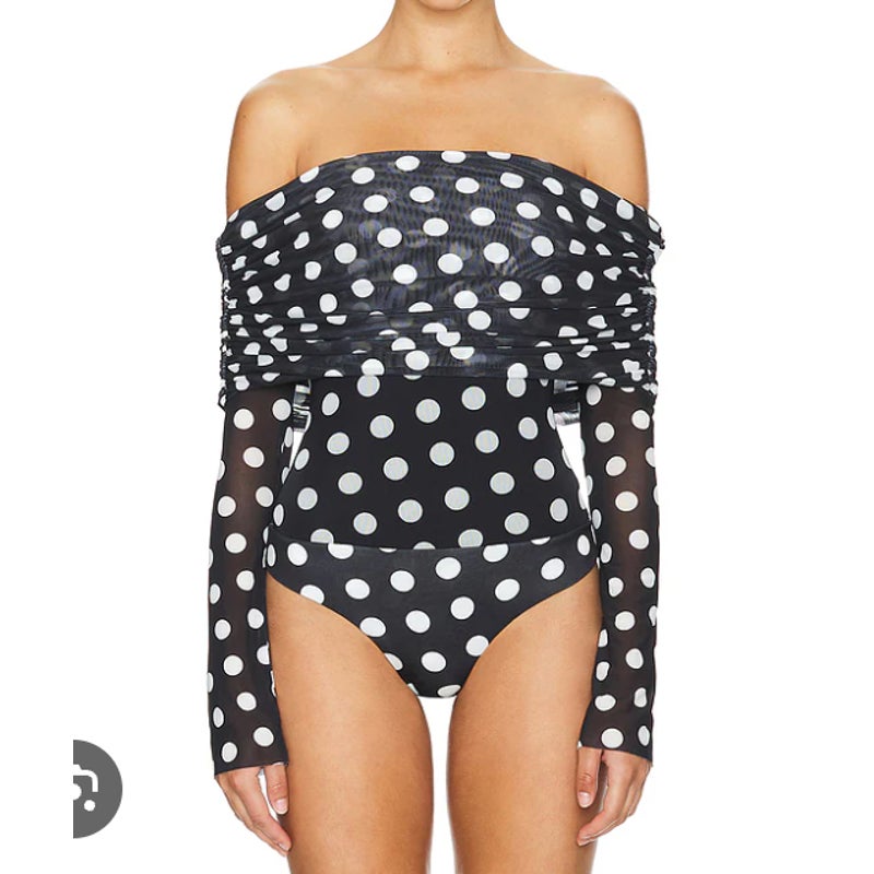 AFRM Maxine Off Shoulder Polka Dot Bodysuit Top Black White XS