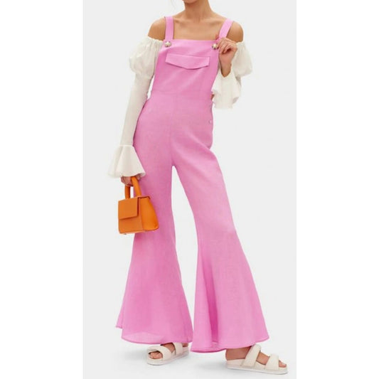 Sleeper Baccara 100% Linen Sleeveless Flare Leg Utilitarian Jumpsuit Pink Small