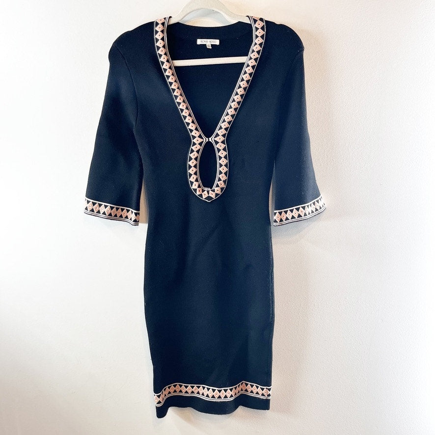 Ronny Kobo Geometric Trim V-Neck BodyCon Midi Dress Black XS