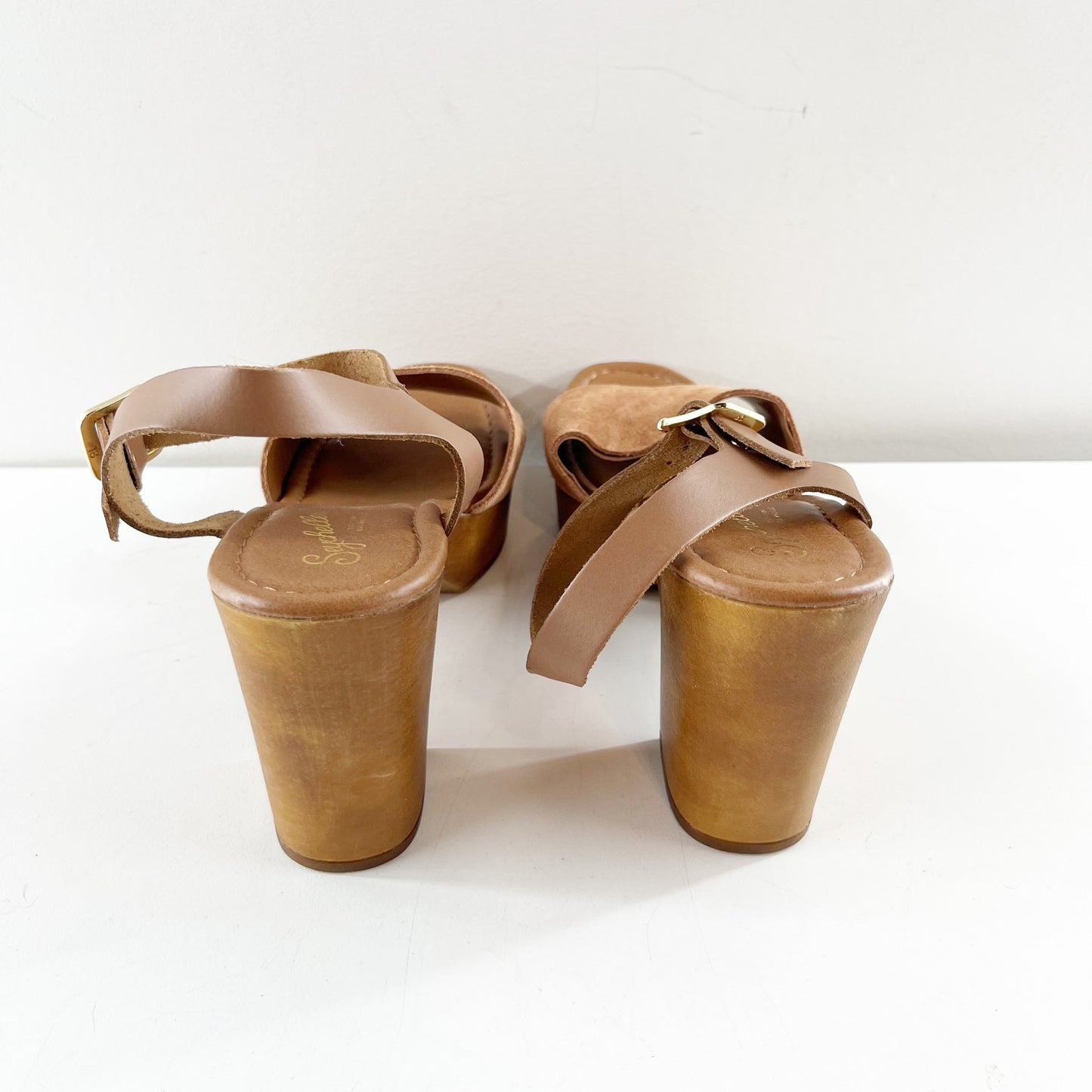 Seychelles Jump For Joy Wood Heel Leather Sandals Shoes Cognac Brown 7