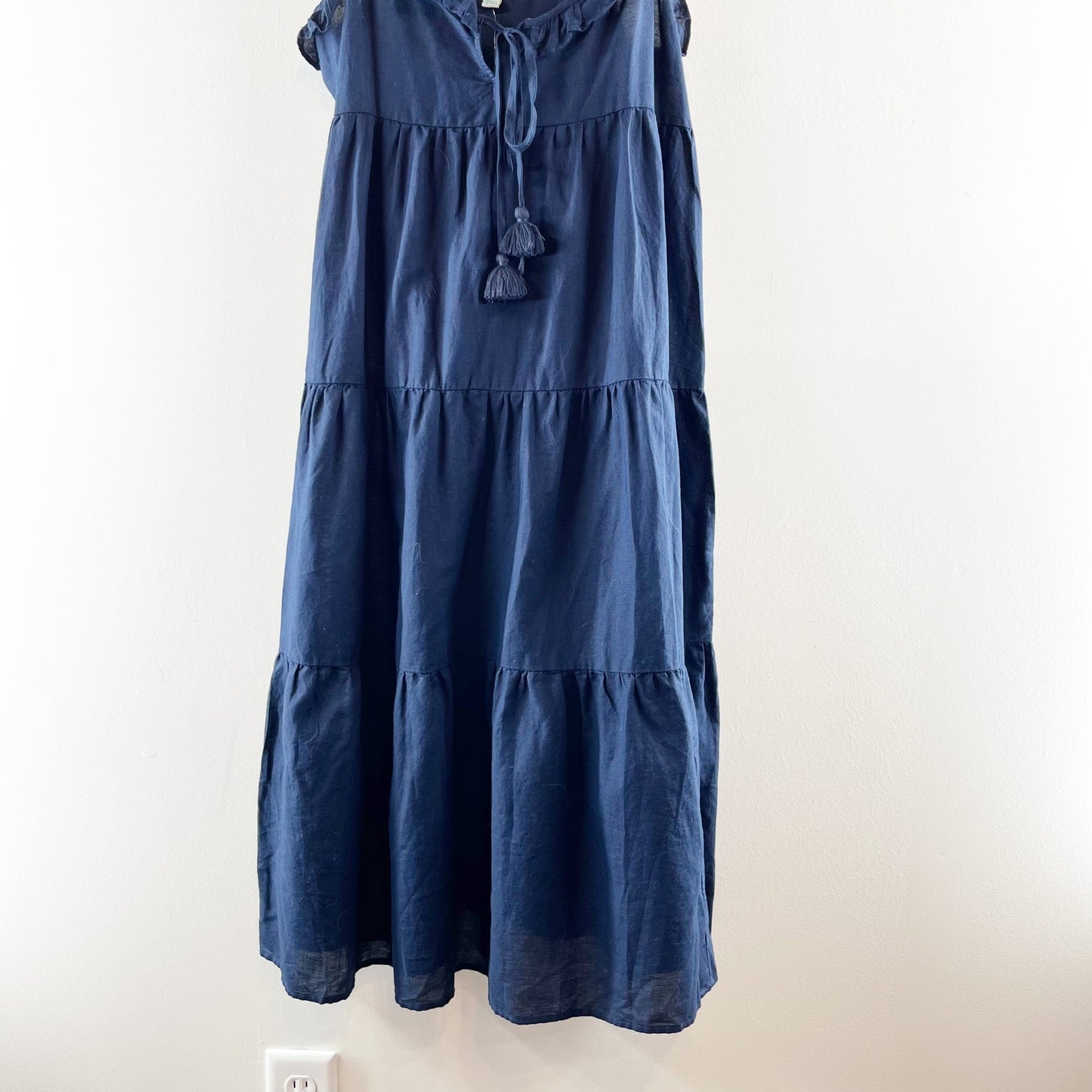 J. Crew Tiered Ruffle Strap Midi Beach Dress in Crinkle Cotton Navy Blue XS