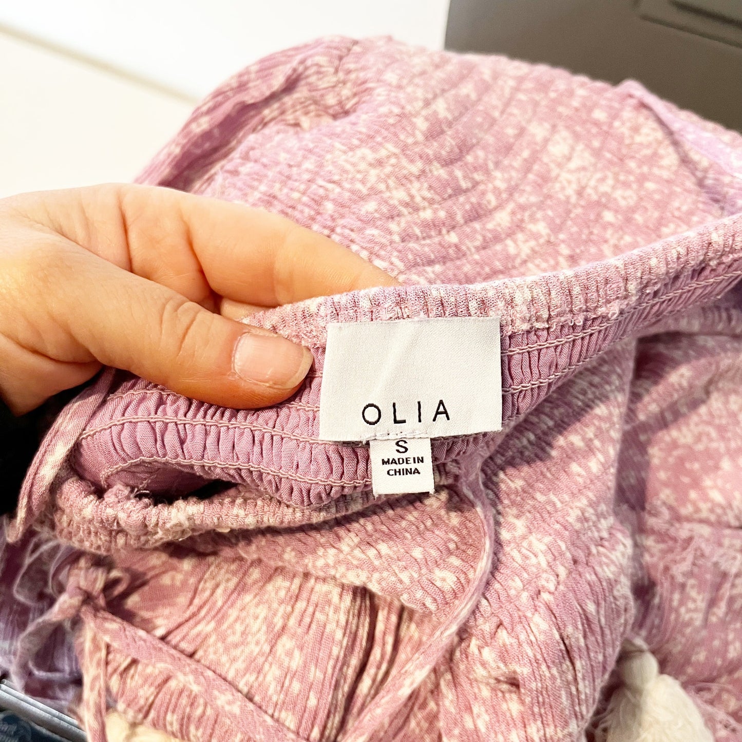 OLIA Smocked Tie Strap Printed Maxi Dress Sundress Lavender Purple Small