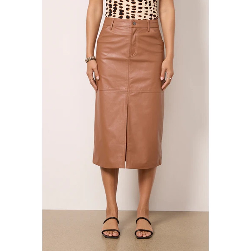 Sanctuary by Evereve Triple Threat Vegan Leather Midi Skirt Rawhide Camel Brown