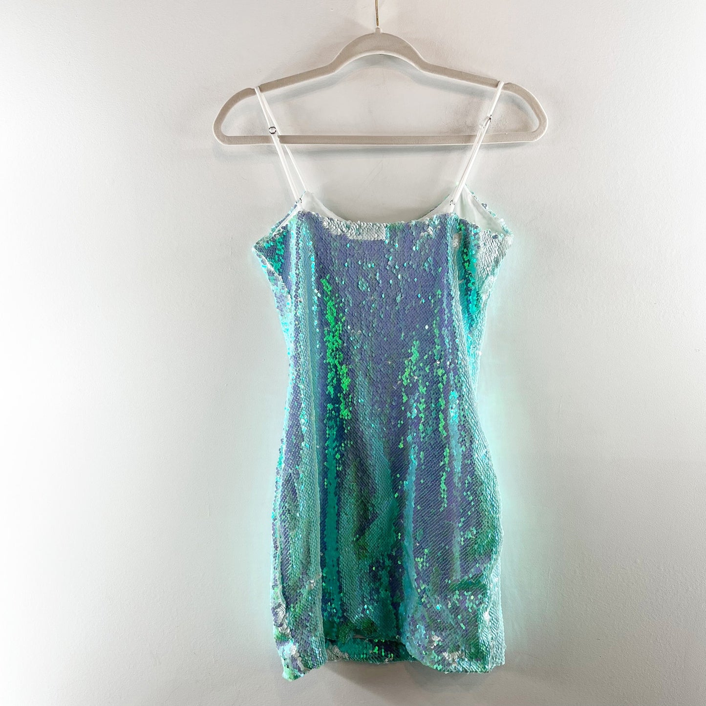 Lucy in the Sky Iridescent Sequin Bodycon Mini Dress Blue Turquoise Large