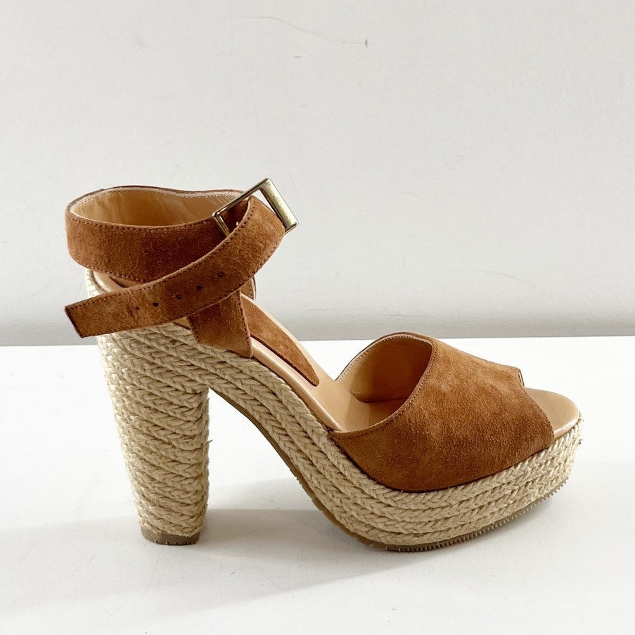 Andre Assous Sasha Suede Espadrille High Heel Sandals Shoes Brown Tan 8