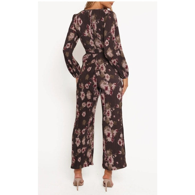 Petal & Pup Solange Floral Long Sleeve Plissé Jumpsuit Steel Gray XL