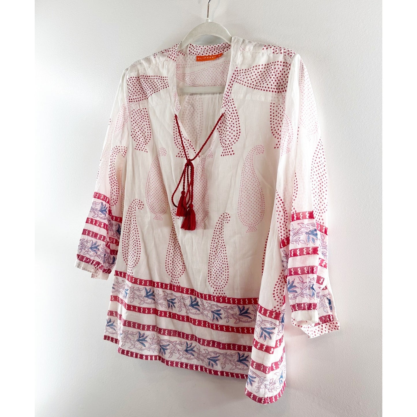 Oliphant Floral Print Long Sleeve Keyhole Neck Tassel Tunic Blouse White Red L