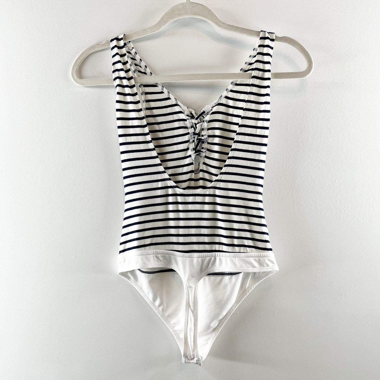 Lovers + Friends Allie Tank Top Striped Lace Up Bodysuit Navy Blue White Small