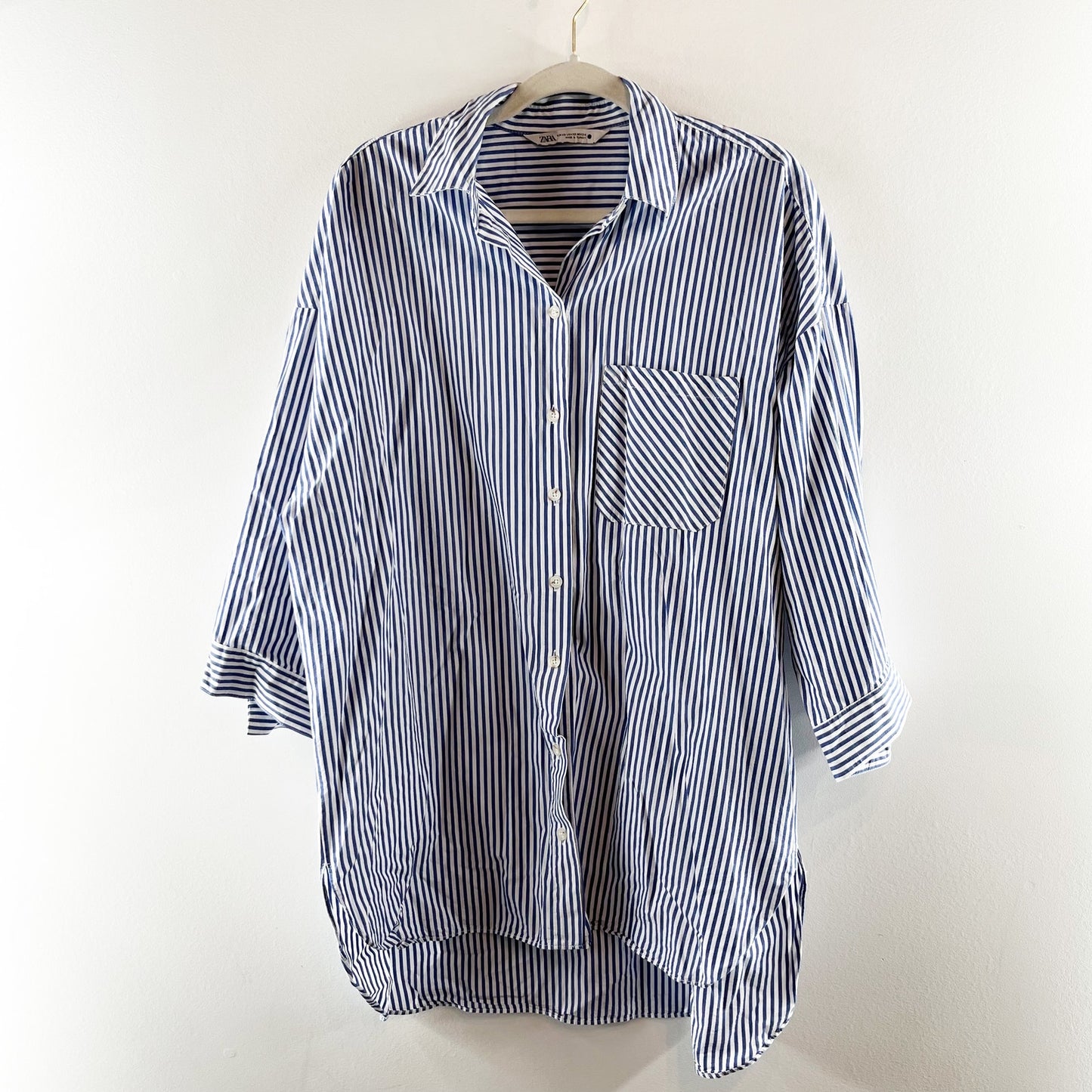 Zara Striped 3/4 Sleeve Oversized Poplin Tunic Button-Up Shirt Blue White XS