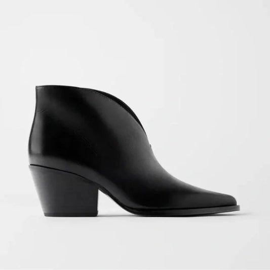 Zara V-Vamp Leather Pointed Toe Block Heel Ankle Booties Black 39 / 9