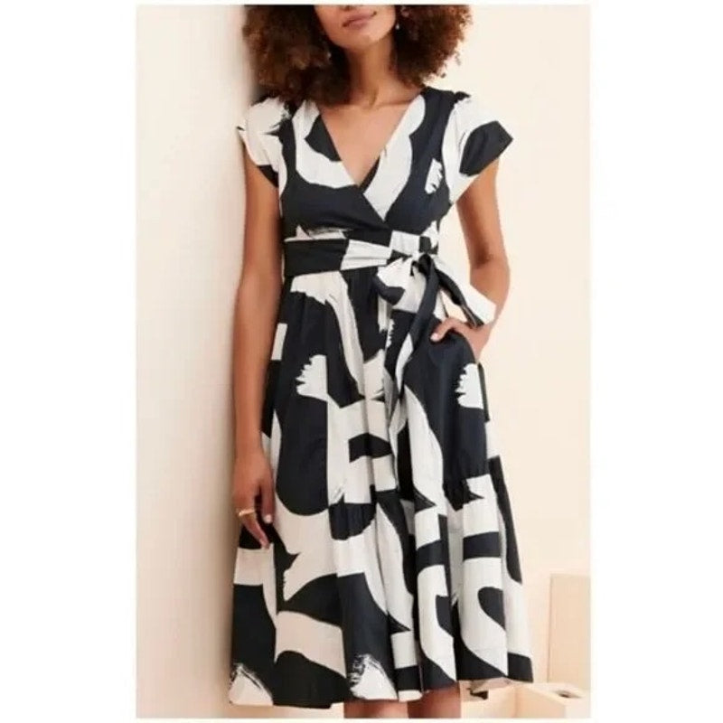 Maeve Anthropologie Mairead Short Sleeve Cotton Printed Midi Dress Black White 6