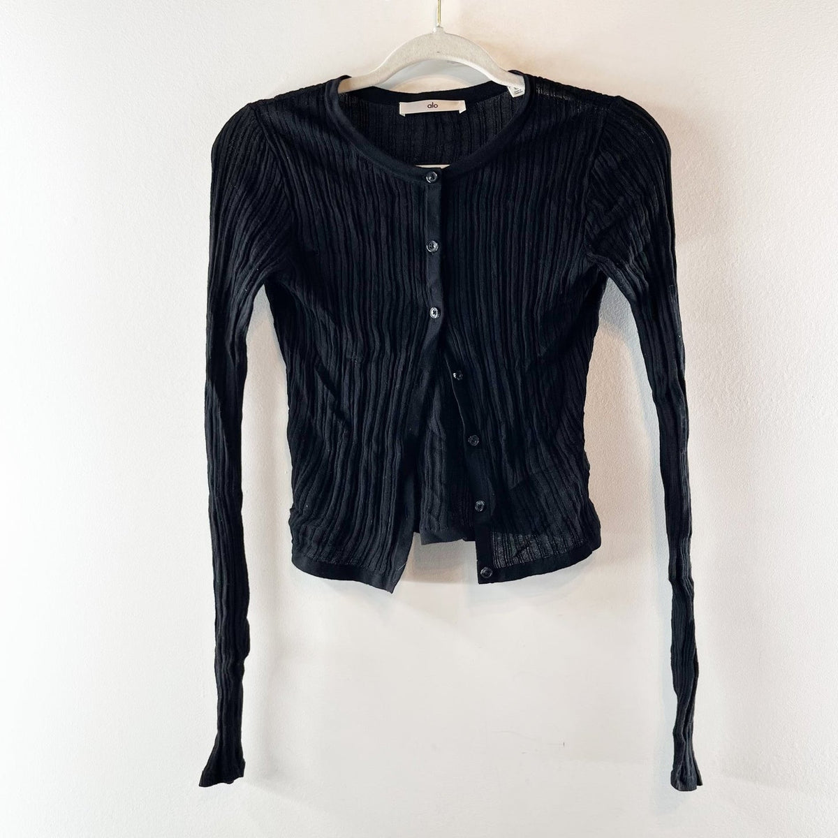 Alo Yoga Sunlit Long Sleeve Buttoned Semi-Sheer Knit Cardigan Sweater Black XS