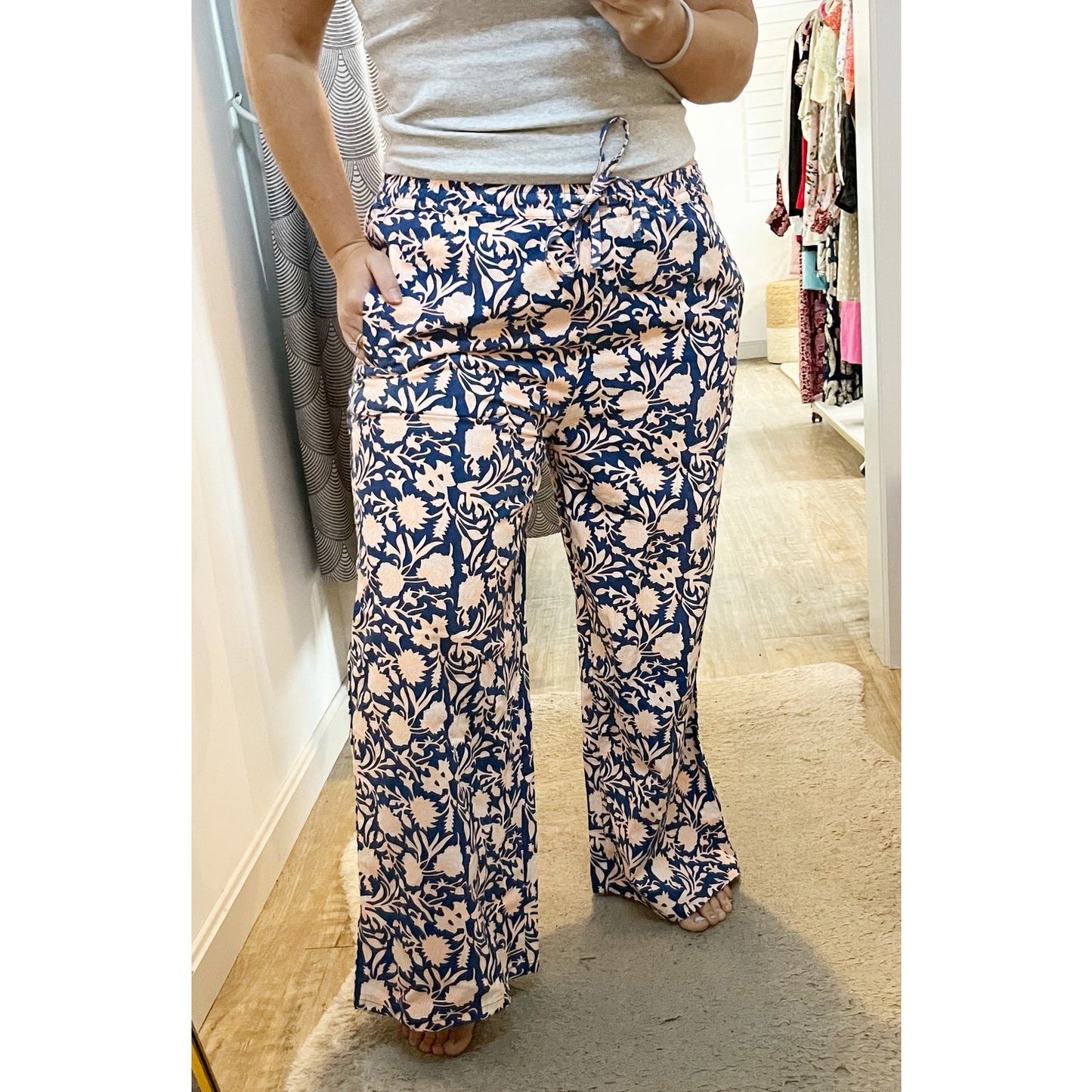 And For Good Floral Print Wide Leg Trouser Baggy High Rise Pants Blue Pink L/XL