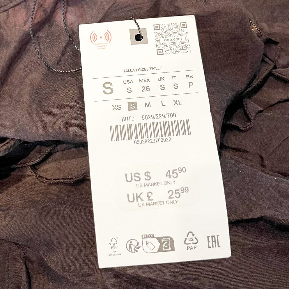 ZARA Long Sleeve Sheer Button Up Ruffle Blouse Chocolate Brown Small