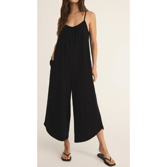 Z Supply Textured Flared Wide Leg Cropped Waistless Jumpsuit Black Medium