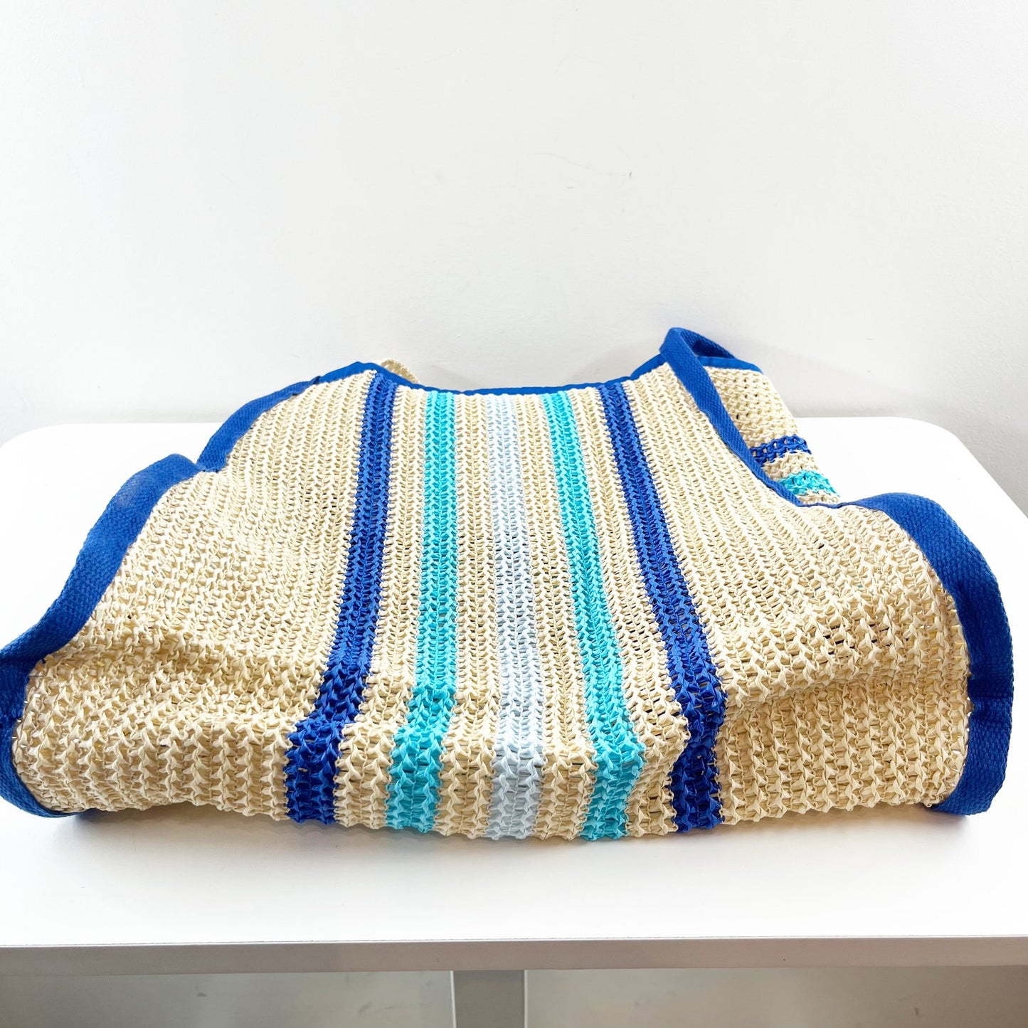 Styline Crochet Striped Beach Tote Bag Tan Blue