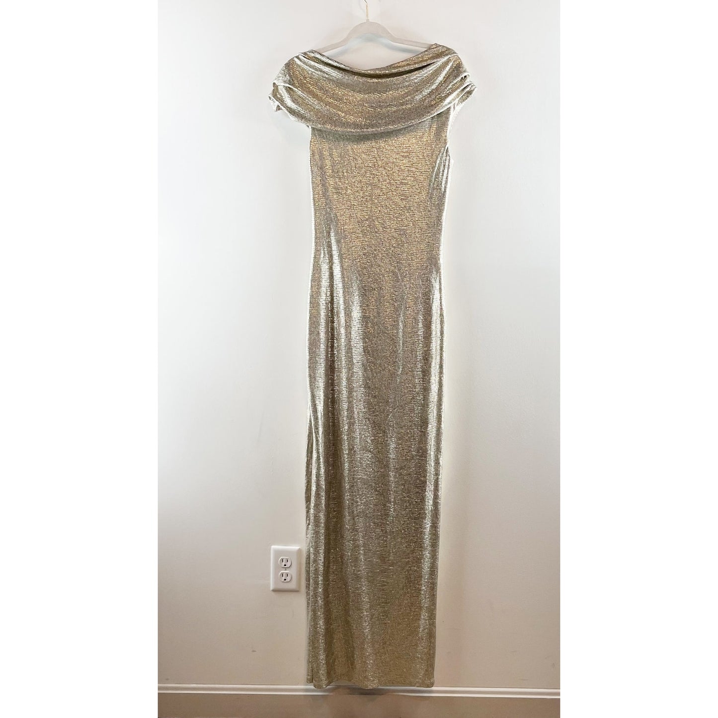 Rachel Roy Asymmetrical Off Shoulder Maxi Slit Gown Dress Gold Metallic 6