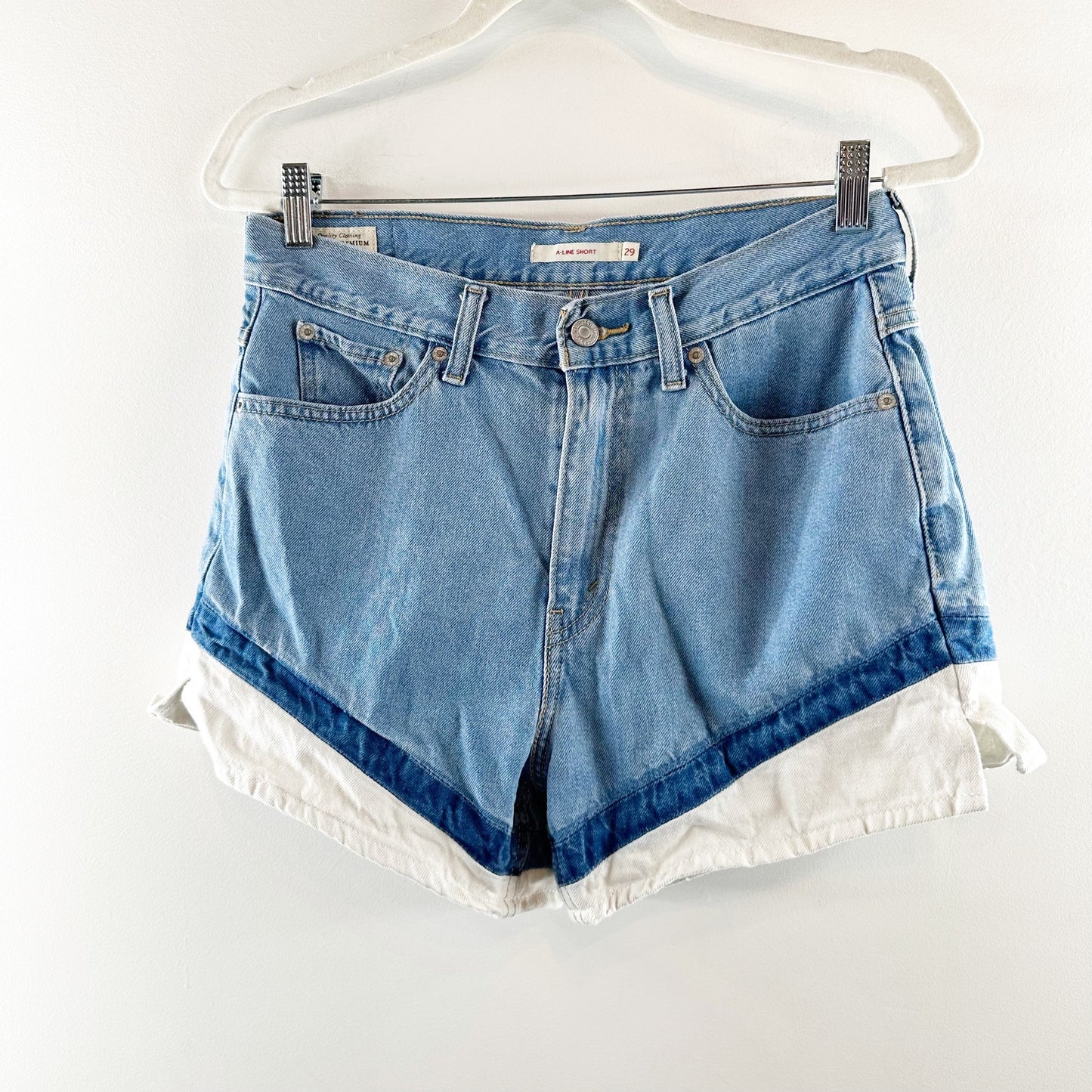 Levi's HIgh Rise Tri Tone Colorblock A Line Mom Shorts Denim Jean Blue 29