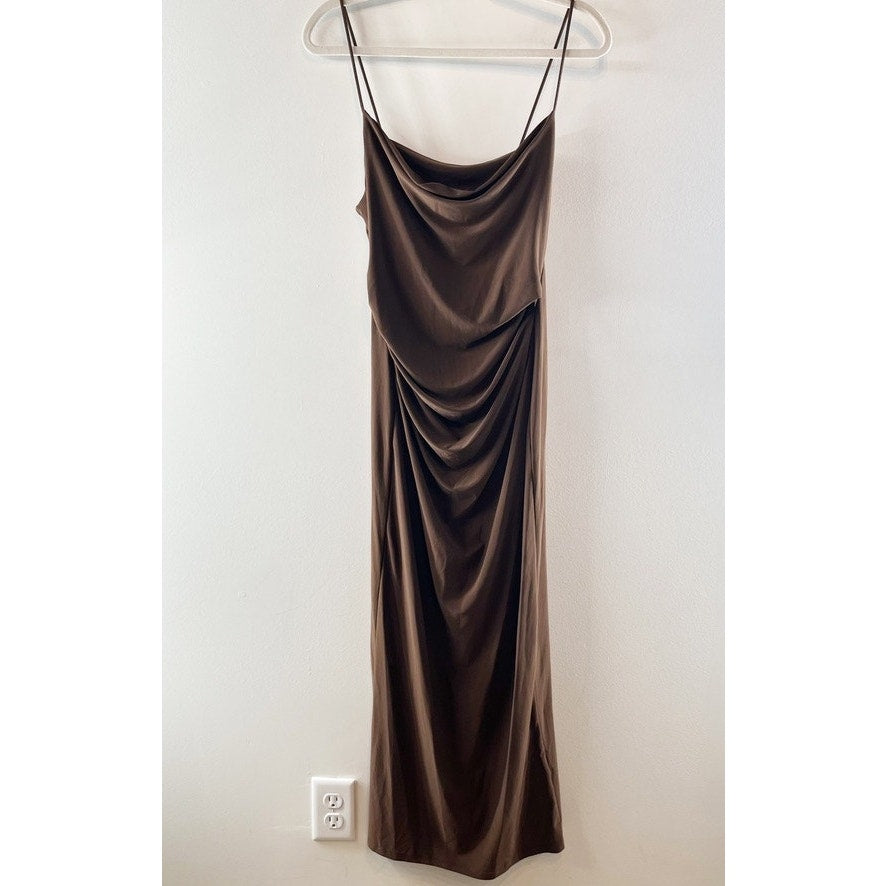 ZARA Draped Cowl Neck Maxi Satin Slip Dress Chocolate Brown Small