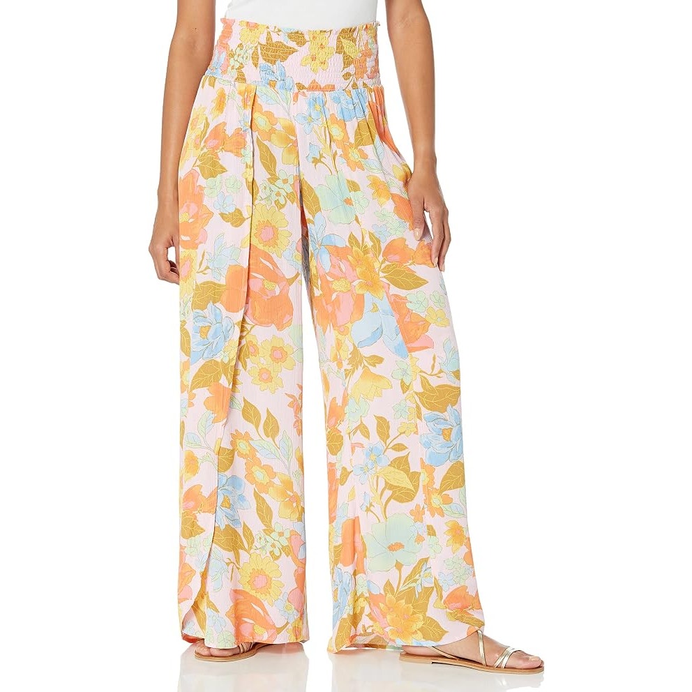 Billabong Wandering Soul 2 Floral Smocked Wide-Leg Pants Yellow Orange Small