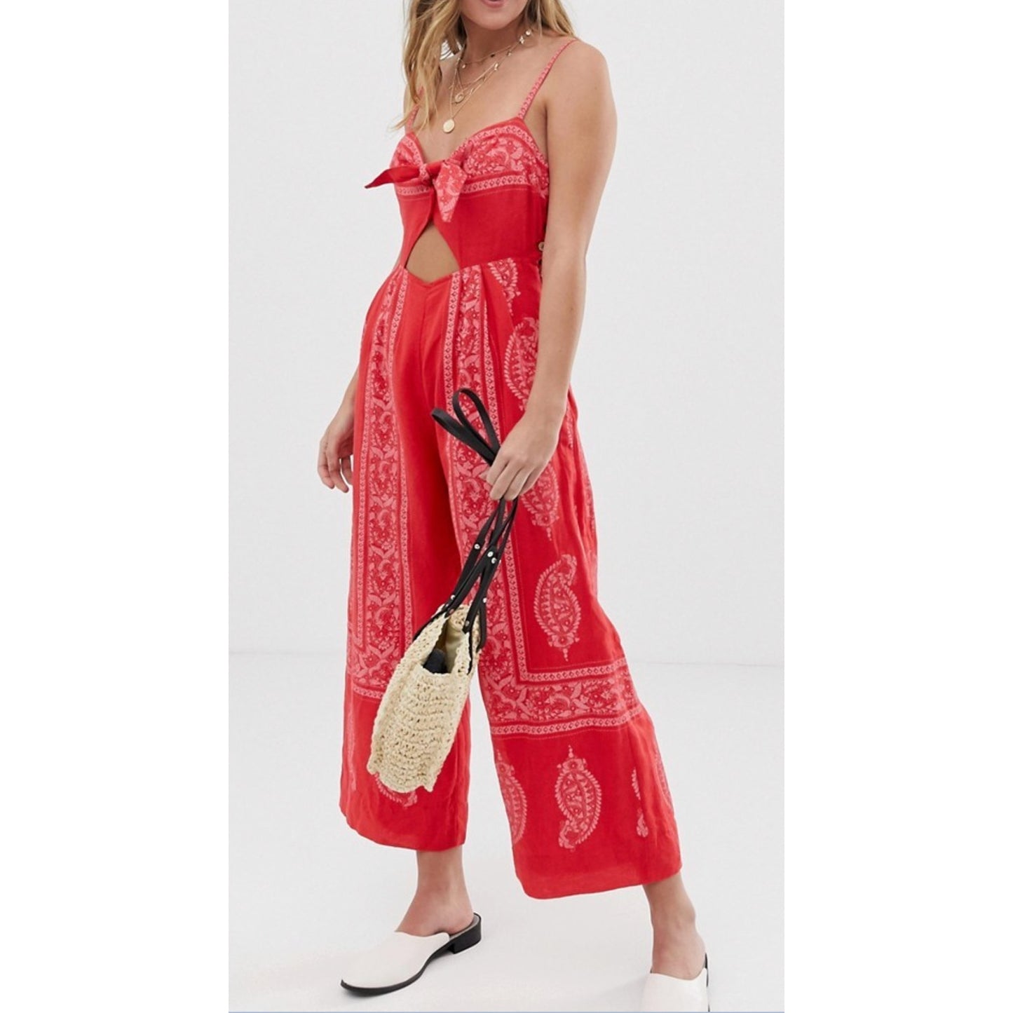 Free People Feel The Sun Wide Leg Paisley Bandana Print Jumpsuit Red Medium
