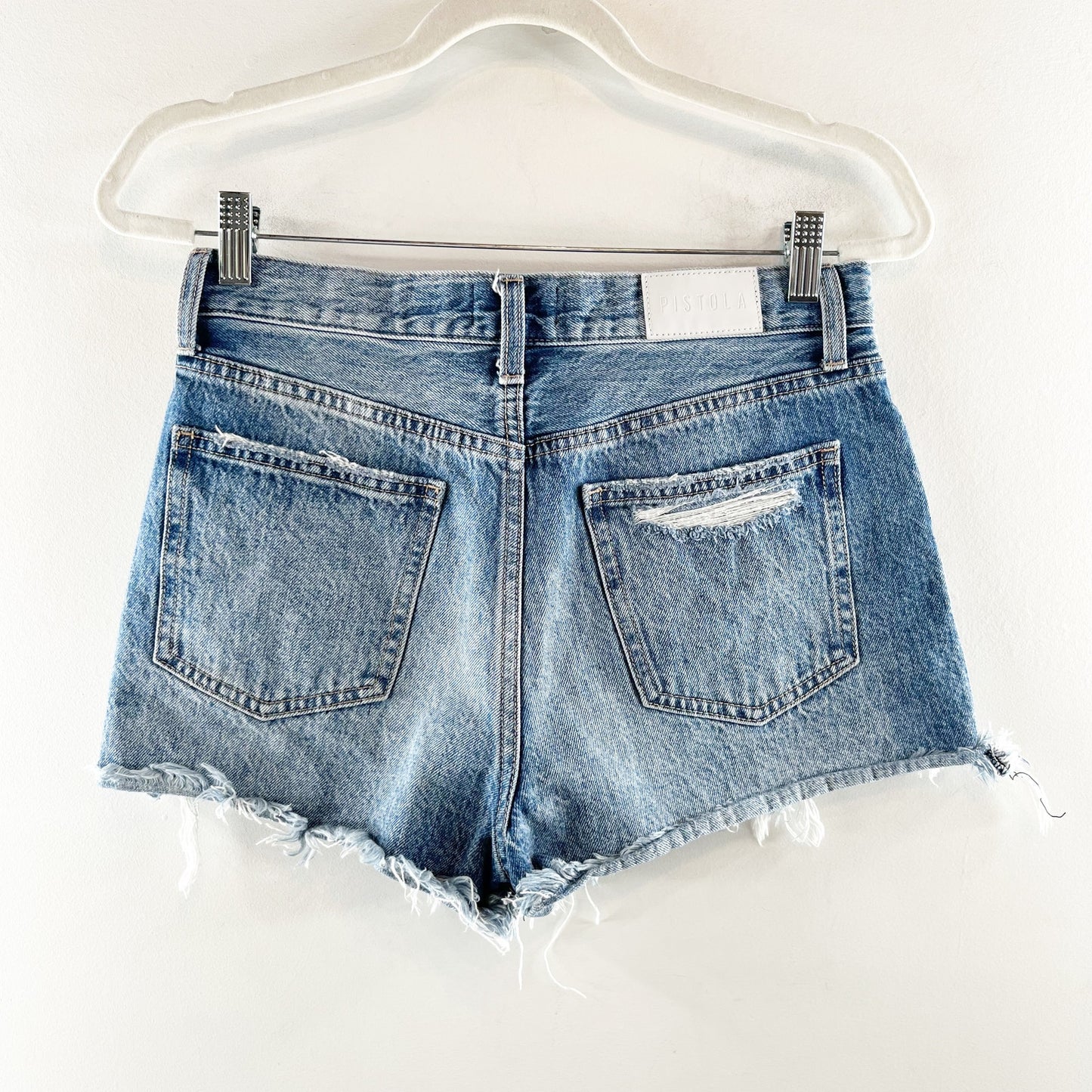 Pistola Nova Relaxed Distressed Cutoff High Rise Button Fly Jean Shorts Blue 27