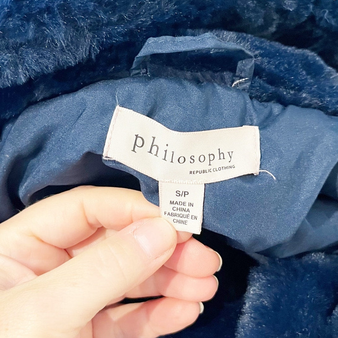 Philosophy Full Zip Hooded Faux Fur Jacket Navy Blue Small