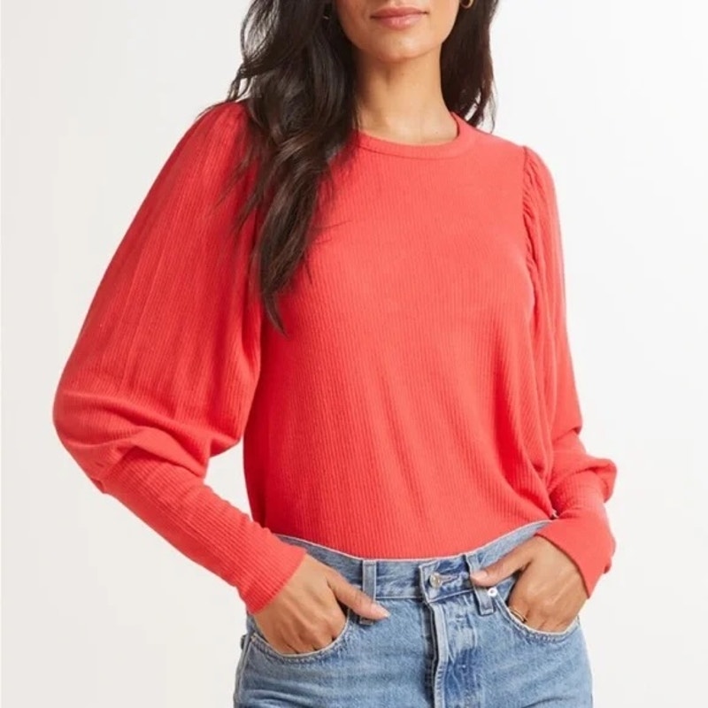 Evereve Penny Volume Ribbed Puff Ballooon Sleeve Top Blouse Red XS