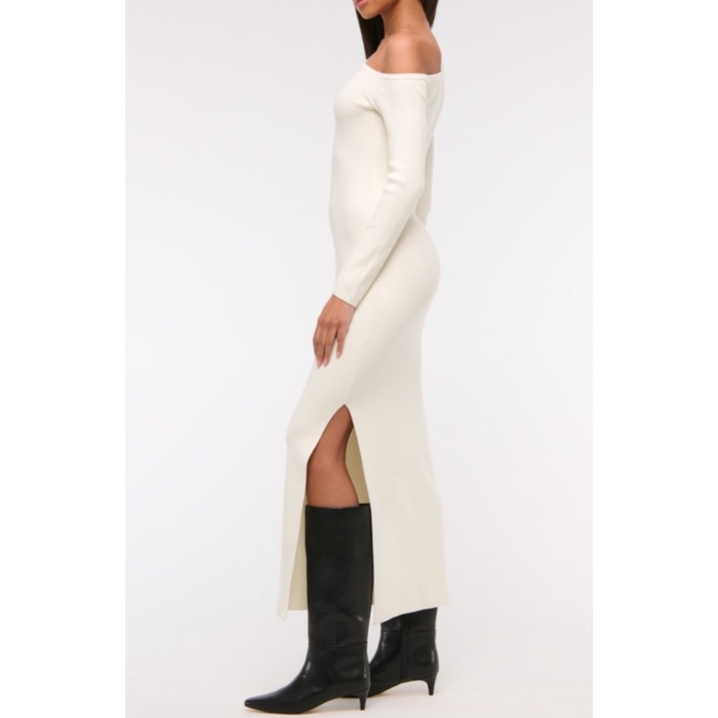 Abercrombie One Shoulder Asymmetrical Long Sleeve Maxi Sweater Dress Cream Med