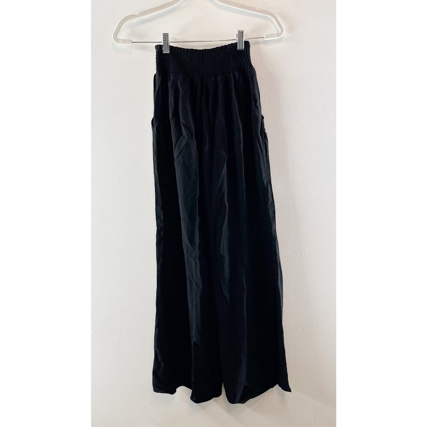 Miou Muse Cotton Linen High Rise Smocked Waist Wide Leg Pants Tassel Black Small