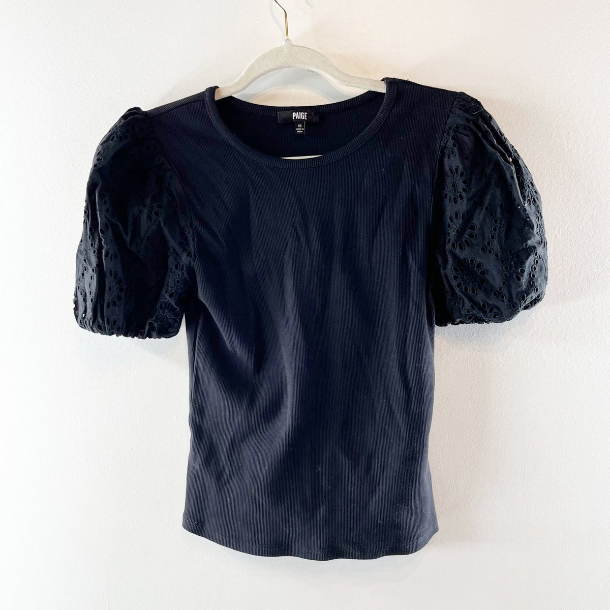 Paige Marina Puff Eyelet Short Sleeve Round Neck Blouse Top Black XS