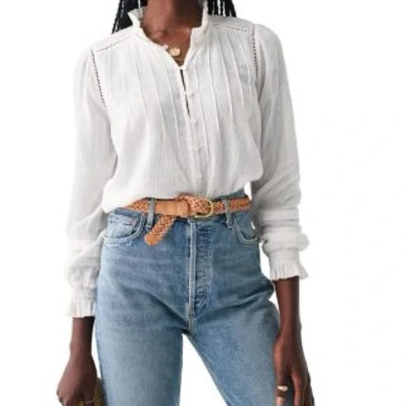 Faherty Willa Pintucked Long Sleeve Organic Cotton Blouse White Medium