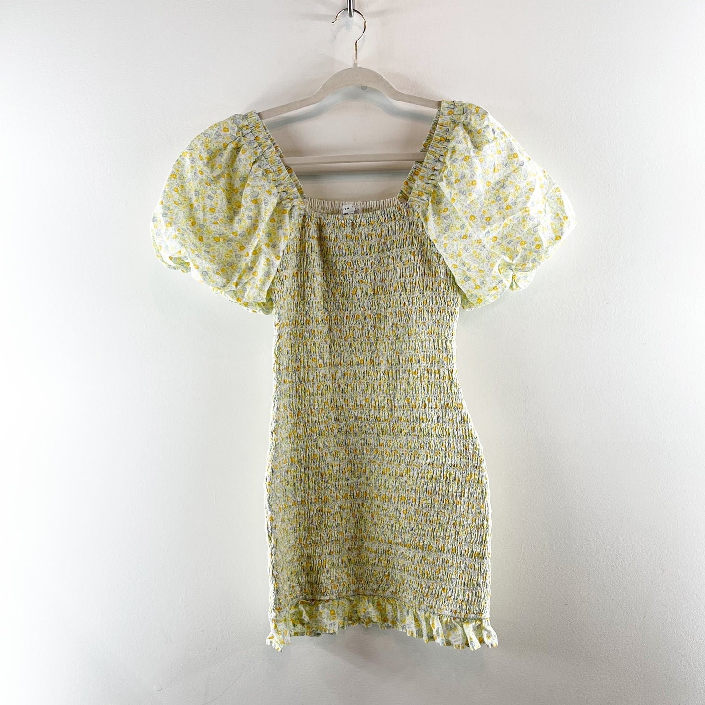 English Factory Smocked Puff-Sleeve Floral Cotton Mini Dress Yellow XS