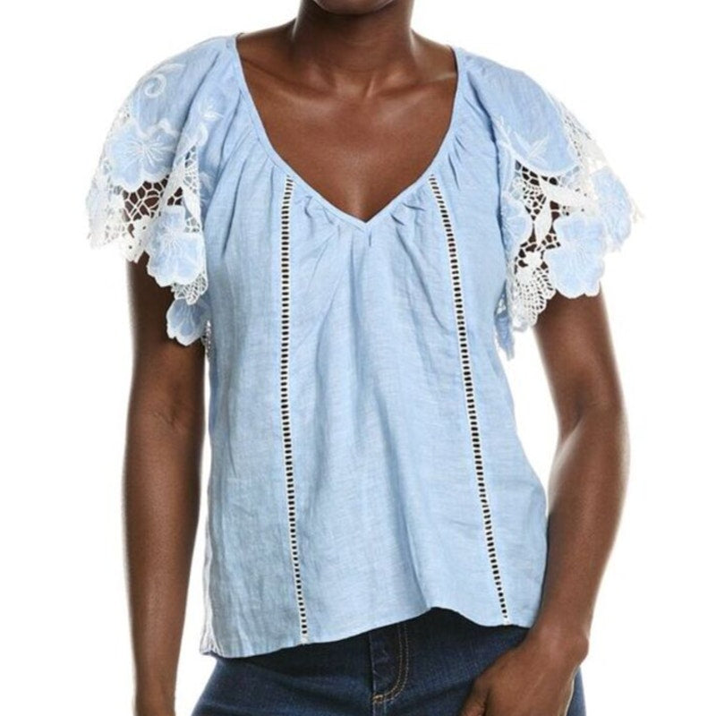 Ramy Brook Hillary Crochet Trim Flutter Sleeve Linen Blouse Top Blue Medium