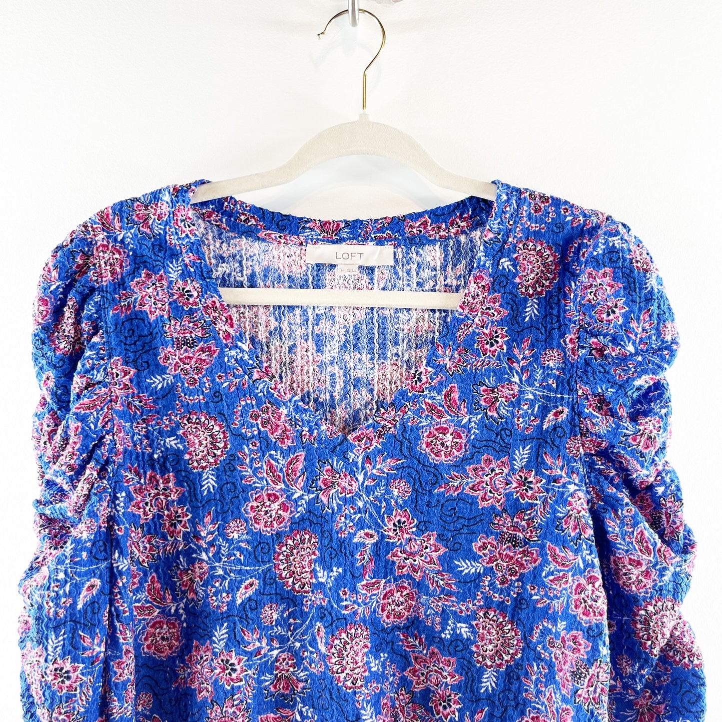 LOFT Garden Shirred Puff Long Sleeve Top Blouse in Cerulean Star Blue Medium