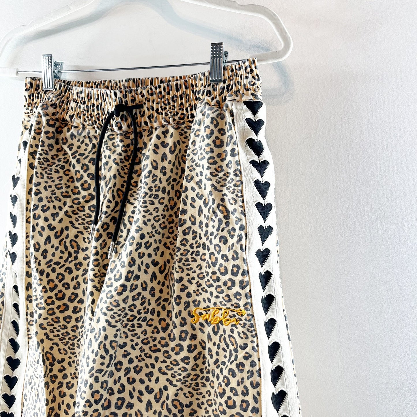 Sabbi Raving Hearts Drill Wide Leg Pants in Leopard Print Tan Beige XS
