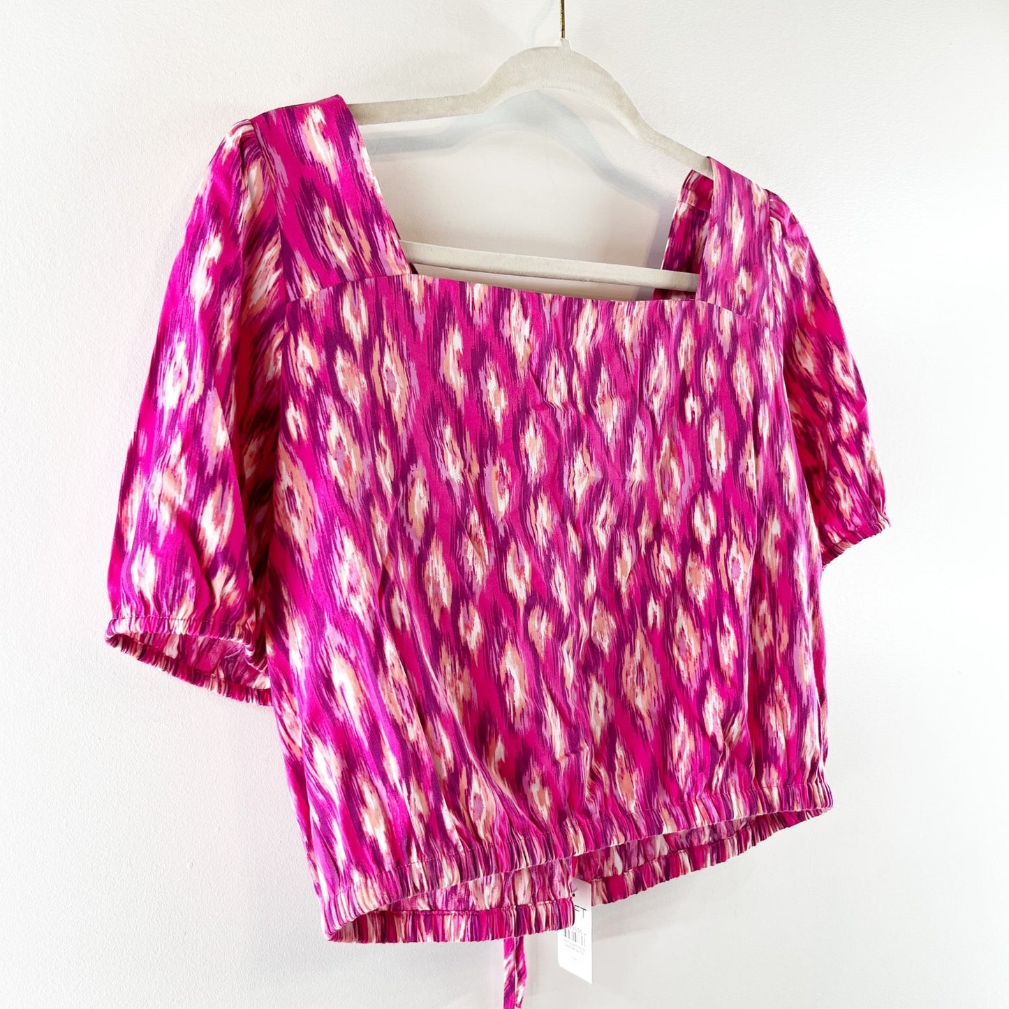 LOFT Animal Print Puffed Sleeve Crisscross Back Crop Blouse Top Hot Pink Poppy M