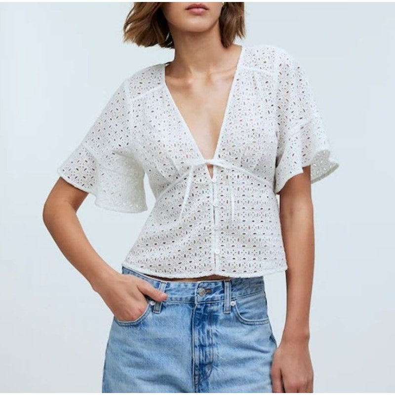Madewell Tie Front Flutter Short Sleeve Eyelet Top in Soft White Large