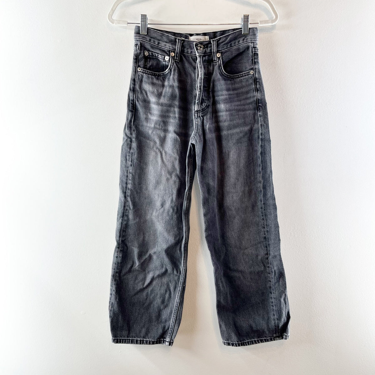 MNG Mango Gabriela High Rise Button Fly Straight Leg Cropped Jeans Black 2