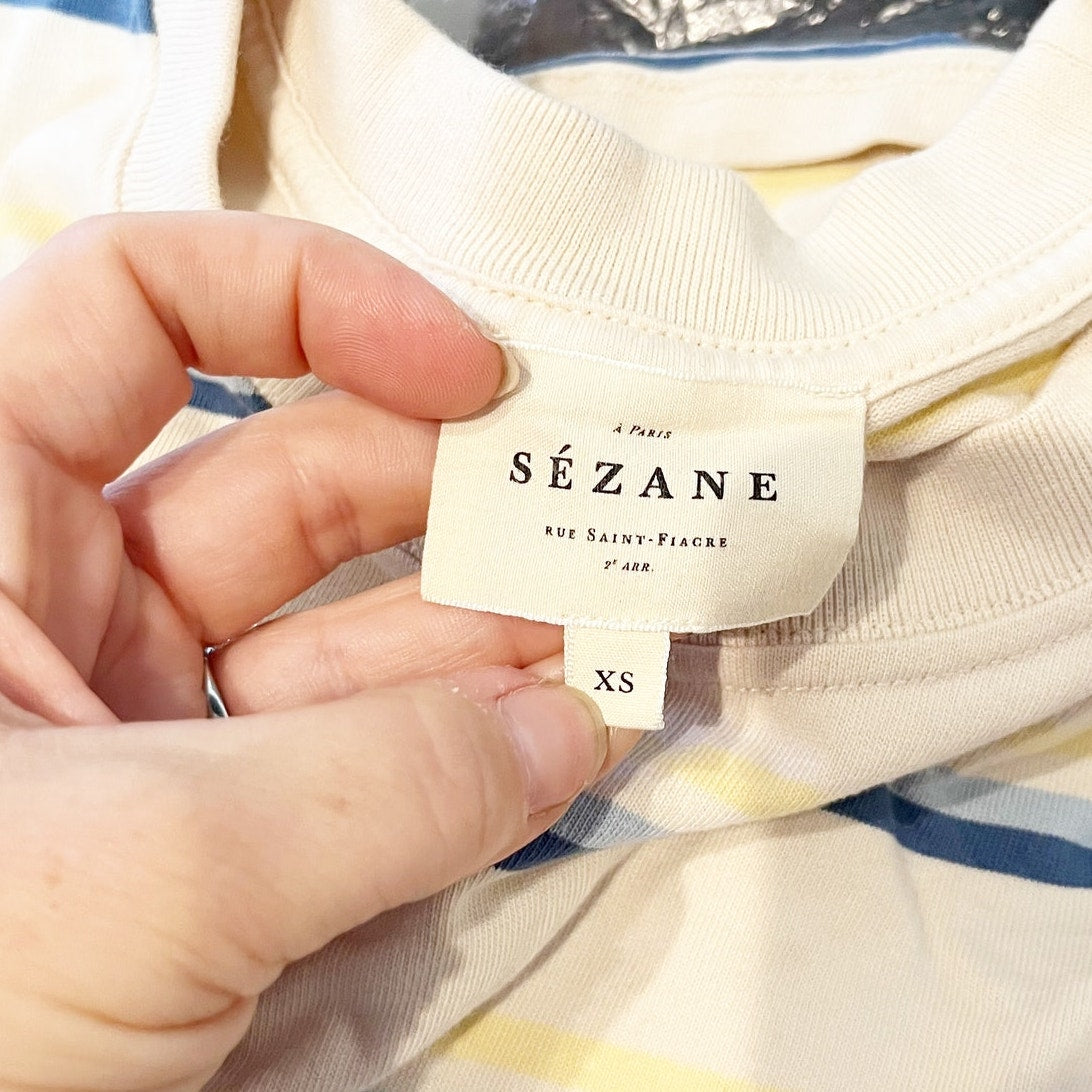 Sezane Short Sleeve Striped Cropped Boxy Tee Shirt Cream Blue XS