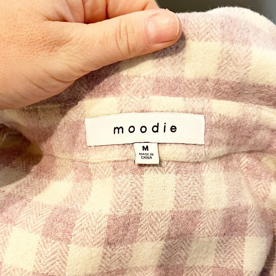 Moodie Wool Blend Check Buffalo Plaid Shirt Jacket Shacket Purple Cream Medium